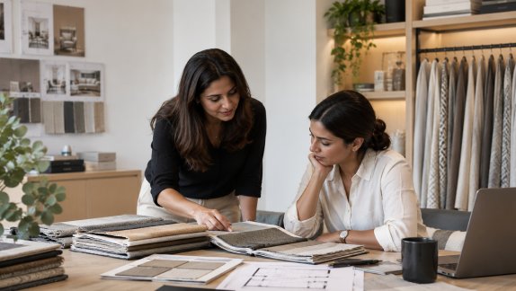 Pretfab team reviewing fabric selections with a designer